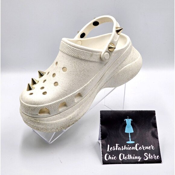 Crocs Women's White Off Bae Glitter Stud Platform Clogs Gold Spikes Sz 9  2360 - Picture 16 of 16